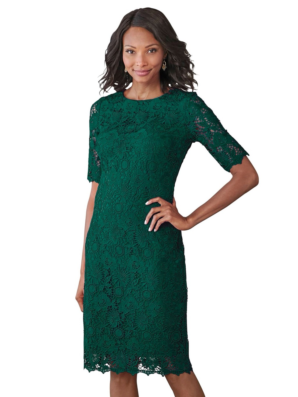 Chadwick’s Floral Crochet Lace Dress Forest Green Size 6P Embroidery Scalloped